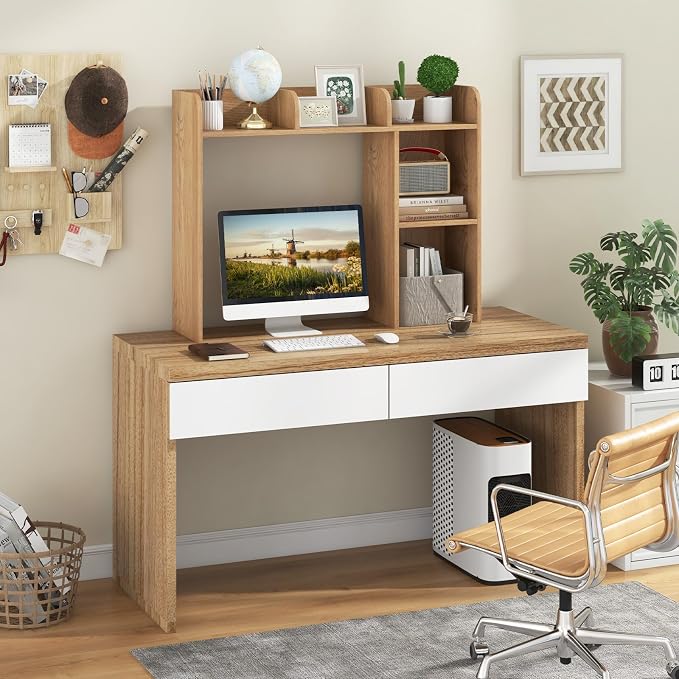 Desktop Bookshelf, 3-Tier Desk Organizer Shelves with 5 Display Rack, Countertop Storage Bookcase for Computer Desk, Desk Hutch Shelf for Top of Desk, Dorm, Home, Office (Natural)