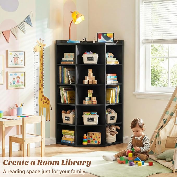 Aheaplus 6-Tier Corner Cube Bookshelf with Power Outlets, Wooden Corner Storage Cabinet with 15 Cubes, Corner Cube Organizer Shelf with Top Table, L Shaped Cubby Bookcase for Home Office, Black
