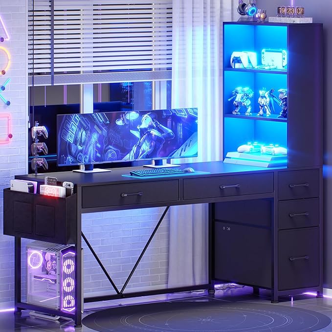 SEDETA Computer Gaming Desk with 5 Drawers and Bookshelf, Reversible Home Office Desk with Storage Shelves and File Drawer, Corner Desk with LED Lights for Small Spaces, Black