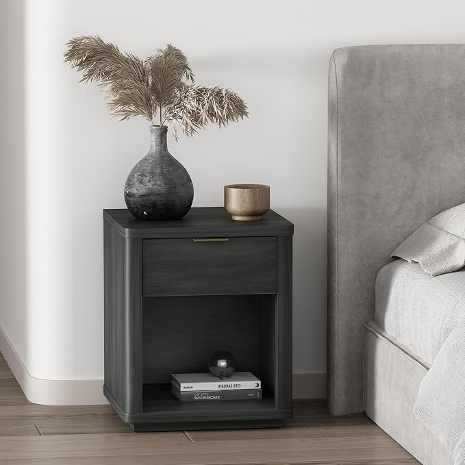 Manhattan Comfort Evelyn Nightstand with Drawer and Open Shelf, Modern Minimalist Side End Table with Raised Base and Storage, Easy Assembly for Bedroom, Dorms & Living Room in Charcoal Grey