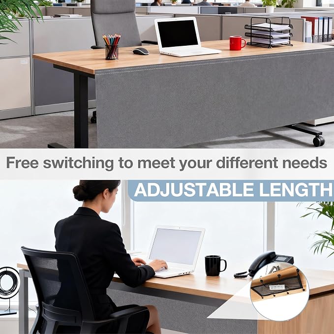 Tegeme 71'' Under Desk Privacy Panel with Cable Management Net Desk Skirt Self Adhesive Modesty Panel with Cord Organizer Pockets for Office Home Standing Workstation(Gray)