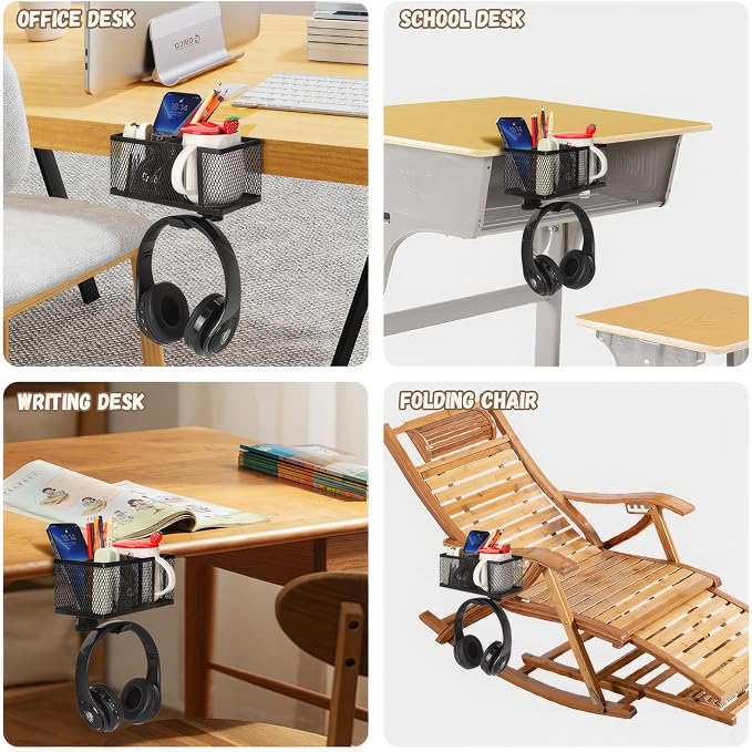 Multi-Function Desk Cup Holder with Headphone Hanger, 3 in 1 Caddy Organizer for Salon Chair, Bedside, Desk or Table - Sturdy Anti-Spill Drink Holder for Water Bottles, Coffee, Bag (Black)