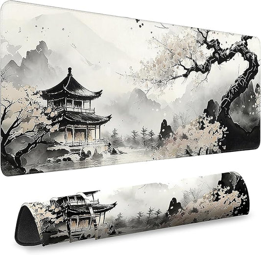 Gaming Desk Mat with Silky Smooth Surface & Exquisite Patterns,31.5x11.8 Inches Large-Sized Mouse Pad, Perfect for Extended Gaming,Work,and Home Office Decor (Japanese Ink Painting 3)