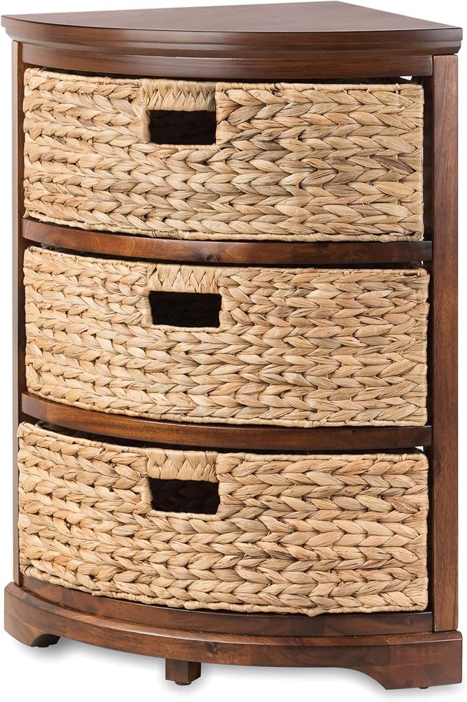 eHemco Hampton Meadows 3 Tier X-Side Corner Table Storage Cabinet with 3 Wicker Baskets, Walnut