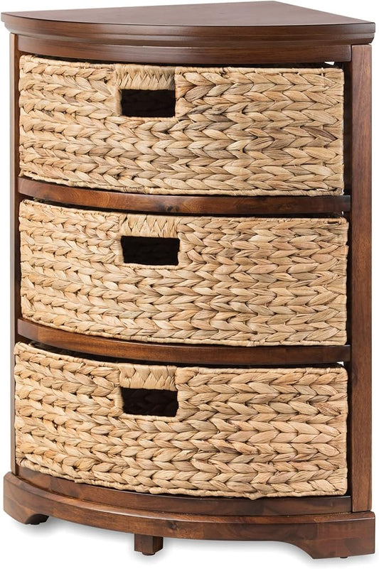 eHemco Hampton Meadows 3 Tier X-Side Corner Table Storage Cabinet with 3 Wicker Baskets, Walnut