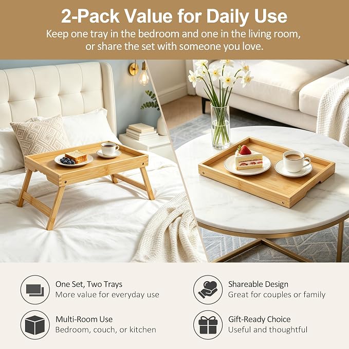 Breakfast Tray with Folding Legs Set of 2, Bamboo Bed Tray Table 15.7" Foldable TV Dinner Tray with Ergonomic Wave Handles for Bed Couch Sofa, Breakfast, Snacks, Coffee, Natural