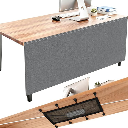 Tegeme 71'' Under Desk Privacy Panel with Cable Management Net Desk Skirt Self Adhesive Modesty Panel with Cord Organizer Pockets for Office Home Standing Workstation(Gray)