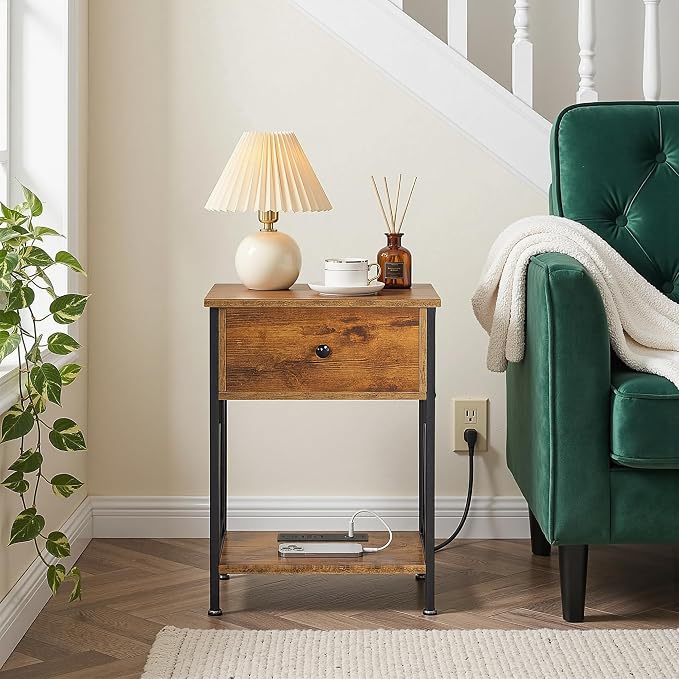 VECELO Nightstand Set of 2,End Tables with Charger Station,Bed Side Table with Open Shelf &USB Ports & Outlets,Small Dresser for Bedroom, Living Room,Rustic Brown