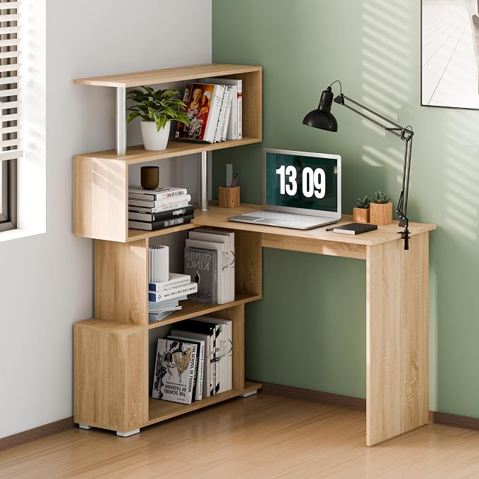 Mondeer L Shaped Computer Desk, Corner Desk, 360 Degree Rotatable, Space Saving Table with Spacious Storage for Home Office Workstation Study, 157 x 45 x 130.5 cm, Oak
