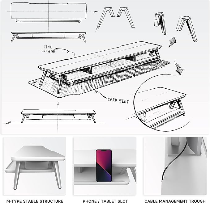 Fenge Dual Monitor Stand, Monitor Stands Riser for 2 monitors, 42.5 Inch Wood Desk Shelf with Storage Organizer and Cable Management for Office Desk Accessories