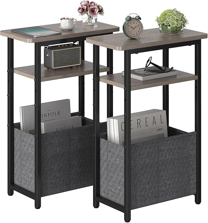sthmec Narrow Side Table Set of 2, Skinny End Tables with Fabric Basket, Small Side Tables for Small Space,2-Tier Open Shelves with Basket, Slim Nightstands Set 2 for Bedroom,Livinroom,Office, Grey