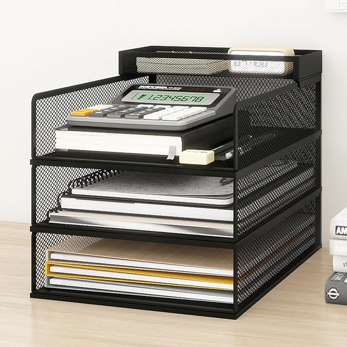 Natwind 3 Tier Stackable Paper Trays for Letter Documents, Desktop File Organizers for Office Supplies, Metal Mesh Desk Organizer,Office Organizer,Letter Trays for Home, Office, School,Black