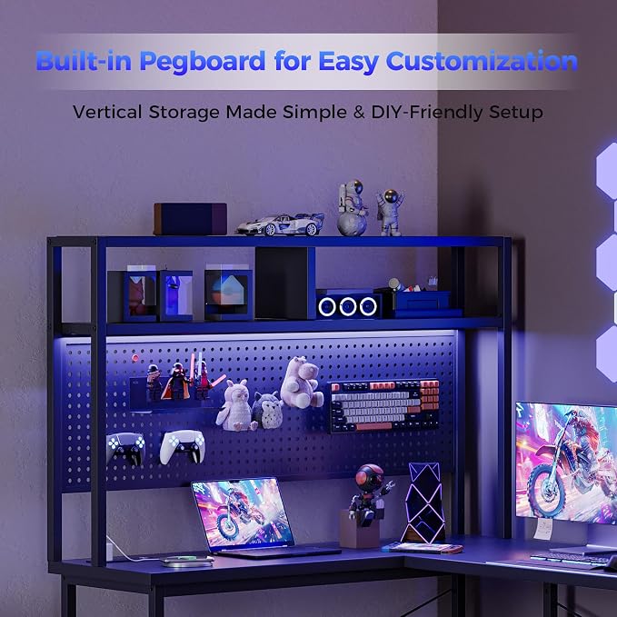 Mericonia 51 inch Large L Shaped Desk with Pegboard Hutch & Shelves, Corner Gaming Desk with Power Outlet, LED Light & Storage Bag, Reversible Computer Desk for Home, Bedroom, Office Workspace, Black