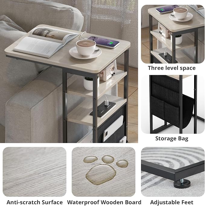 C Shaped End Table with Charging Station, 28"(H) 3-Tier C Table with Storage Bag, Under Couch Table C-Shaped End Table with Storage Shelves and Bag for Living Room, Bedroom, or Office