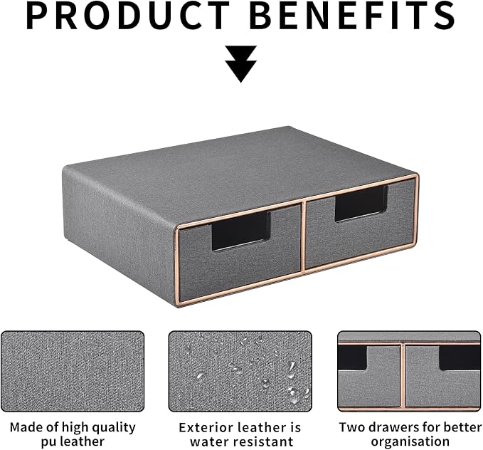 Pu Leather Stackable Desk Drawer Organizer,2-Drawers Desk Caddy for Office Bathroom Bedside Table Dressing Table,Grey