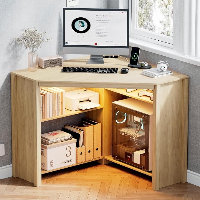 Corner Desk with Charging Station & LED Light, Triangle Corner Desk with CPU Stand & Storage Shelves, Gaming Computer Desk for Home Office