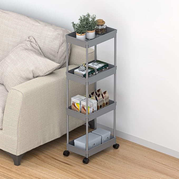 Sooyee 4 Tier Wide Storage Cart Mobile Shelving Unit Organizer Slide Out Storage Rolling Utility Cart Tower Rack for Kitchen Bathroom Laundry, Plastic & Stainless Steel,Grey