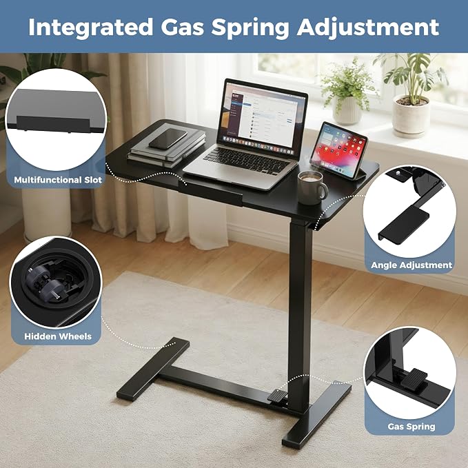 DUMOS Adjustable Overbed Bedside Table with Hidden Wheels, Mobile Standing Desk with Pneumatic Lift, Portable Computer Workstation Cart for Bed, Couch, Office, Sofa, Black