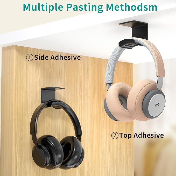 HomeMount Headphone Hook Under Desk - Headphone Holder Under Table, Adhesive Gaming Headphone Stand Hanger Desk Mount for Most Headphone(Black-2P)