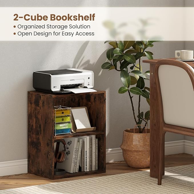 2 Cube Storage Organizer, 21" Small Bookcase with 5-Position Adjustable Panel, Under Desk Bookshelf, Modern Display Shelf, Wooden Cube Shelf for Home Office Bedroom (Brown)