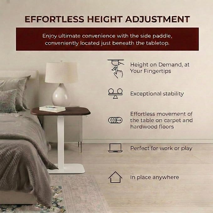 Elevance Height Adjustable Side Table, White Base, Walnut Top | Sofa Laptop Table for Couch & Bed | Small C-Shape End Table for Home or Office