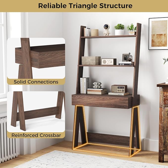 Tangkula Ladder Desk with Countertop & Drawer, Home Office Computer Laptop Table with Open Shelves & Anti-Tip Kits, Wall-Leaning Compact Working Station for Small Spaces (Walnut)