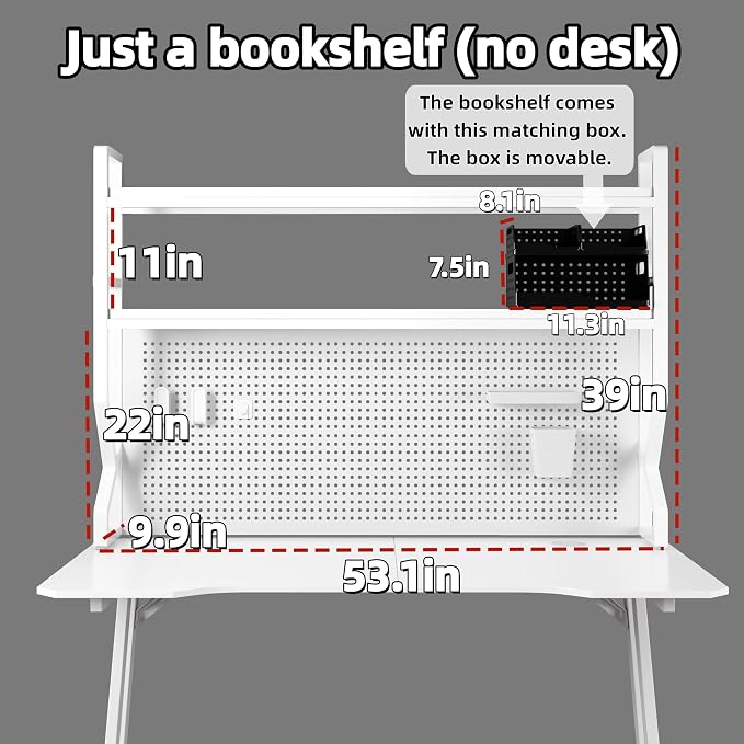Desktop Hutch Bookshelf,Many Gifts,Metal Desktop Bookcase with pegboard, Desk Shelf, Countertop Storage Organizer Rack for Dorm or Office,Desktop Shelves (White, 53.1" Lx9.9 Wx39 H)