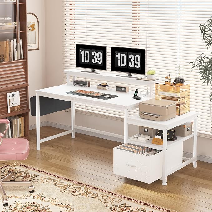 EnHomee 56.5" Office Desk with Drawers and Printer Space,Computer Desk with Power Outlets,Home Office Desks with File Drawers Cabinet,Study Writing and Gaming Desk with Shelves Monitor Stand,White