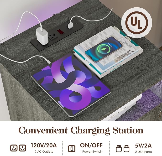 RoyalCraft 25" Tall LED Nightstand with Charging Station, Farmhouse Nightstand with Led Lights, Wooden Rustic Side Table for Bedroom, Dark Grey End Table with Storage