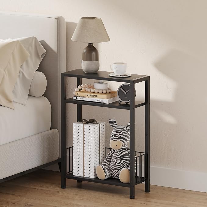 TRIFEBLE Narrow Side Table with Storage Basket, Small End Table for Small Spaces, Slim Sofa Table for Living Room, 3 Tier Bedside Table for Bedroom, Black