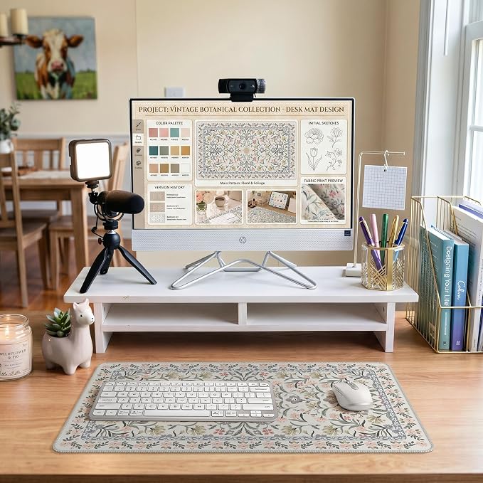 iCasso Aesthetic Flower Mouse pad for Laptop, Desk Pad Mat, Desk Matt for Desktop 13.7"x23.6", Anti-Slip Mousepad with Stitched Edges for Laptop Computer Keyboard(Gray Floral)
