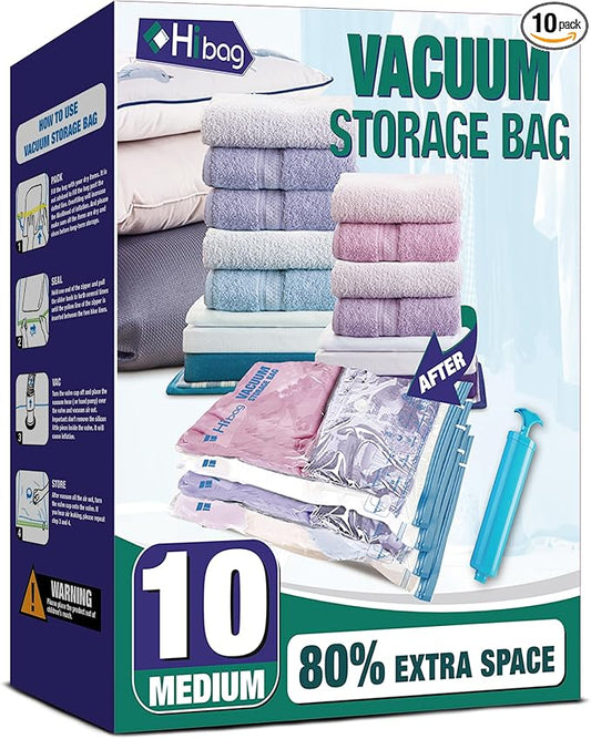 Vacuum Storage Bags, 10 Medium Space Saver Vacuum Seal Bags, Space Bags, Vacuum Sealer Bags for Clothes with Travel Hand Pump (10M)