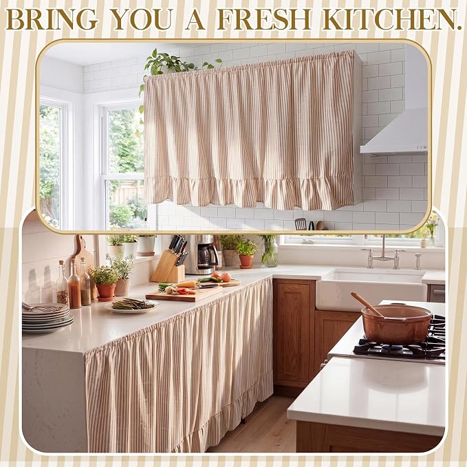 VitalCozy Cabinet Curtain 28" W x 51" L Sink Skirt for Bathroom Kitchen Brown Stripes Ruffles Short Curtain for Home Classroom Farmhouse Rustic Drape Under Desk Privacy Drape for Laundry Room