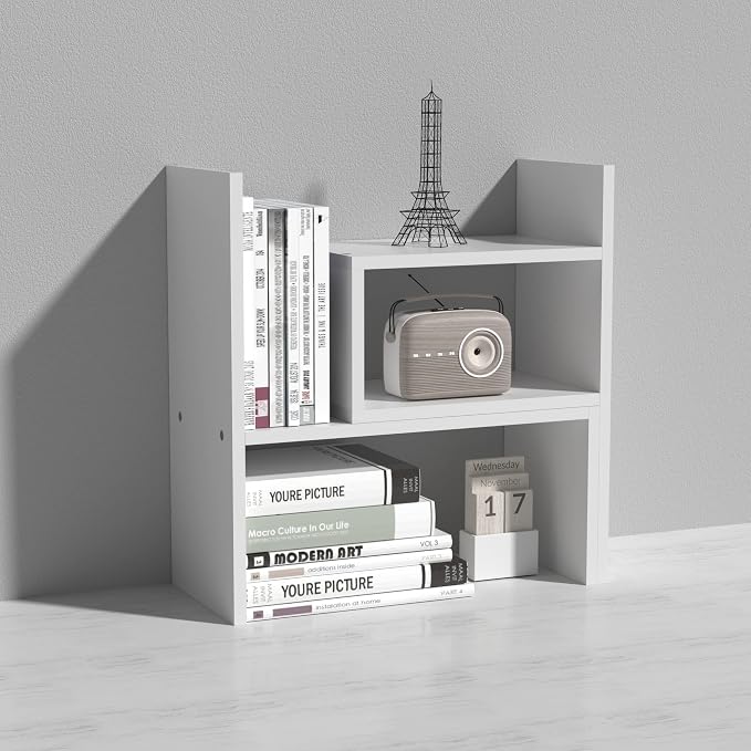 MASAKA B&W - Kawaii Storage Desktop Organizer for Your Desk Space, Double H Plants Display Shelf, Home Office Storage Rack Adjustable Stackable for Office, Dormitory (White*02)