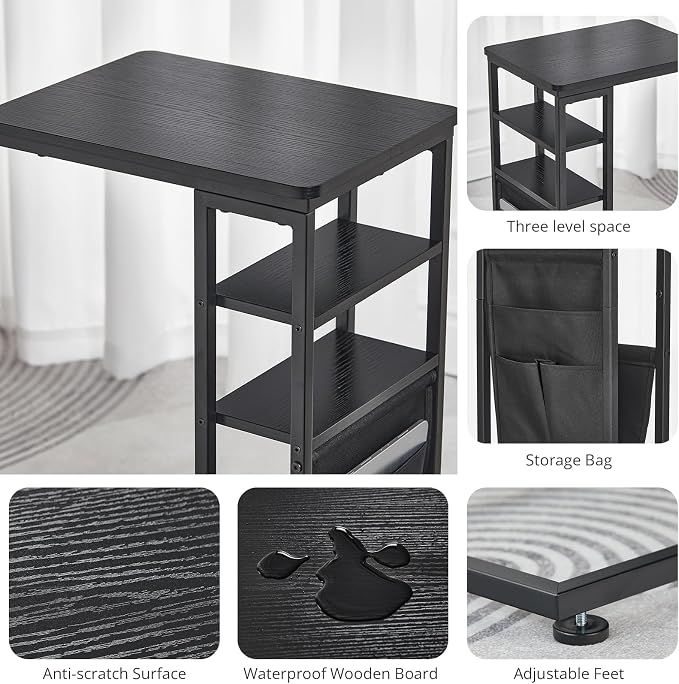 C Shaped End Table 28"(H) 3-Tier C Table with Storage Bag, Under Couch Table C-Shaped End Table with Storage Shelves and Bag for Living Room, Bedroom, or Office
