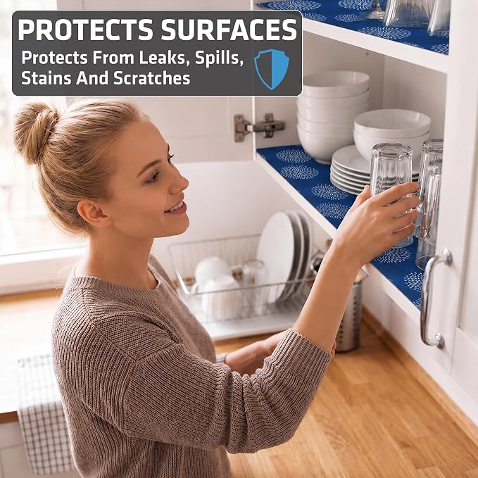 Drymate Premium Luxury Shelf & Drawer Liner, Thick Cushioned Fabric, Non-Adhesive, Absorbent, Waterproof, Slip-Resistant, Liners for Kitchen Cabinets, Cupboards (USA Made)(12”x59”)(24-Pack)(GoodBlue)