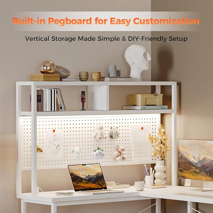 Mericonia 59 inch Large L Shaped Desk with Pegboard Hutch & Shelves, Corner Gaming Desk with Power Outlet, LED Light & Storage Bag, Reversible Computer Desk for Home, Bedroom, Office Workspace, White