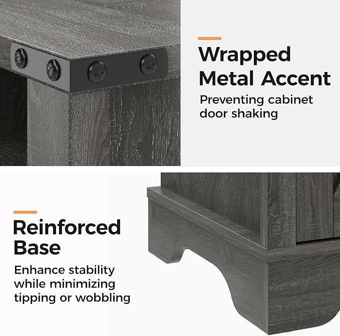 RoyalCraft 25" Tall Farmhouse Nightstand with Charging Station, Grey End Table with Storage, Large Wooden Rustic Bedside Table for Bedroom, Dark Grey