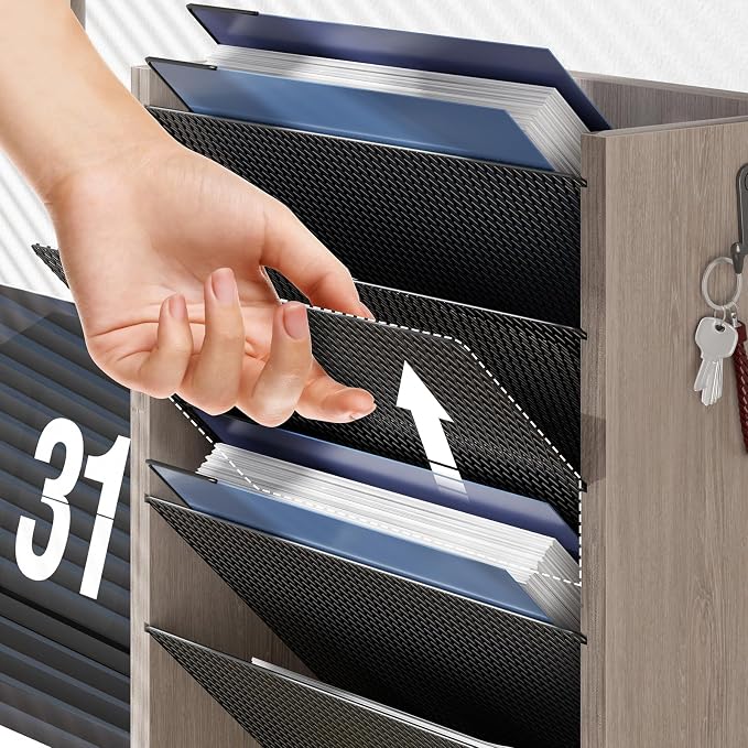 Creso hom Mail Organizer Wall Mounted, Mail Sorter with 2 Key Hooks, 6-Slot File Organizer for Wall or Desk, Wood Letter Holder Envelopes Bills Accessories for Home Office, Greige