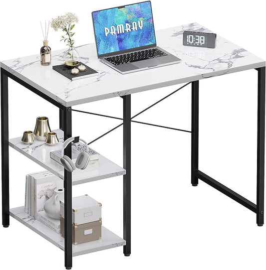 Pamray 32 Inch Small Computer Desk with Shelves, Home Office Desk with Headphone Hook for Bedroom, Study Writing PC Table for Small Spaces, Marble