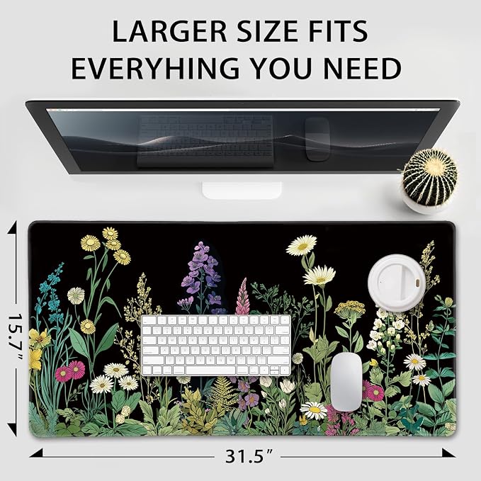 Wildflower Black Large Gaming Mouse Pad 31.5"x15.7"｜ XXL Desk Mat, Non-Slip Rubber Base & Stitched Edges - Extended Waterproof Mousepad for PC/Laptop/Office/Home Decor