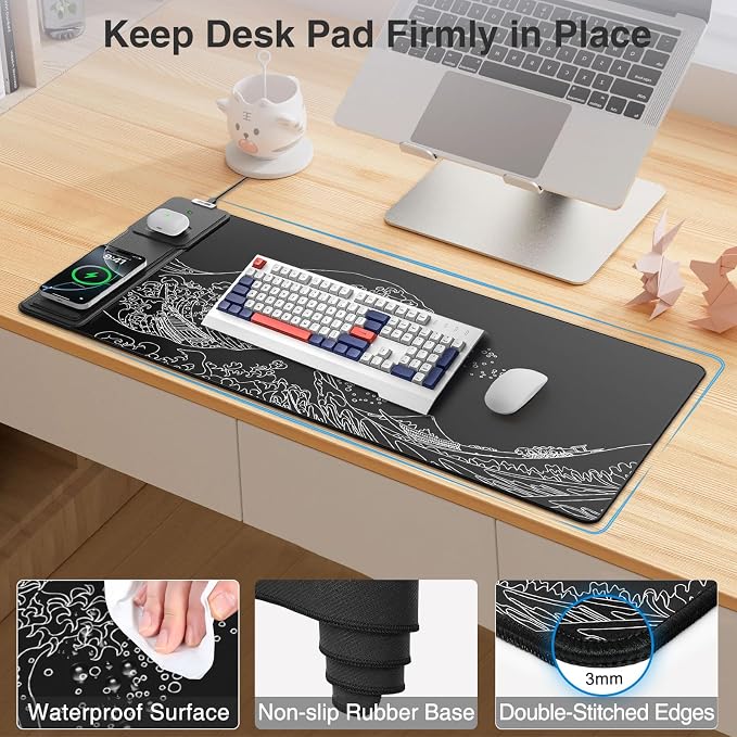 Wireless Charging Mouse Pad with Foldable Phone Holder, 31.5"x15.8" Large Desk Mat for Laptop/Keyboard, Waterproof Ultra-Smooth Surface, Non-Slip Base, Black Wave