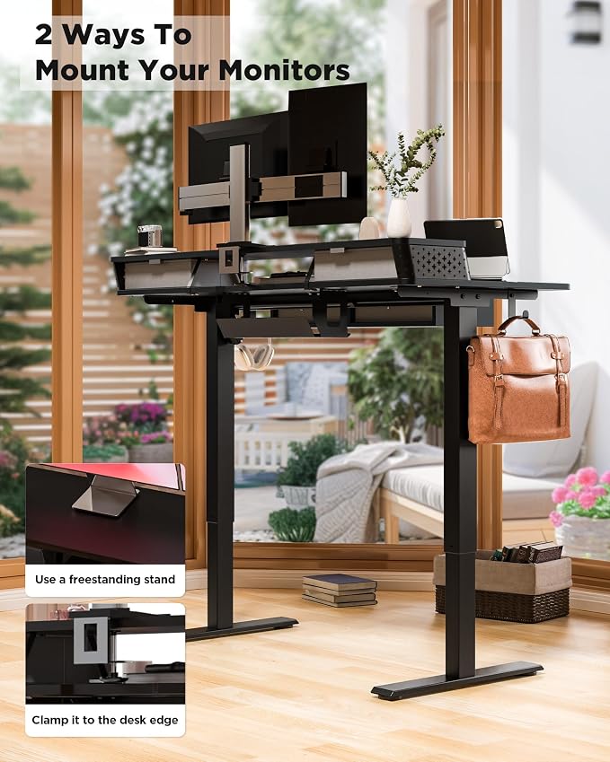 FiCiHi Electric Standing Desk with Four Drawers, 48 x 24 Inch Adjustable Height Sit Stand Desk, C-Clamp Compatible Home Office Desk with Storage Shelf &Monitor Stand Riser, Classical Black
