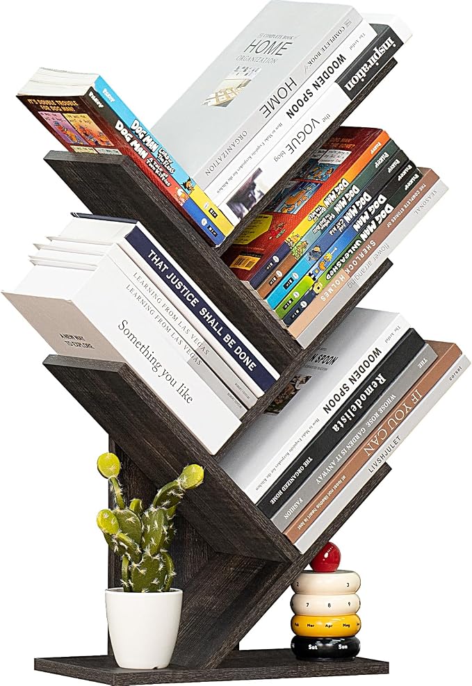 SHEEPAM 5 Tier Tree Book Shelf, Small Desktop Bookshelf with Storage Organizer, Wood Bookcase, Desk Display Bookshelves, Floor Standing Organizer Bookcases for Living Room,Bedroom,Office-Dark Grey