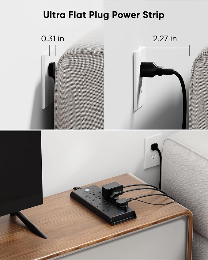 Surge Protector Power Strip 4800J, LeZone 10Ft Long Extension Cord Flat Plug, 12 Outlets 2 USB C 2 USB Ports, Wall Mountable, Desk Charging Station, Black