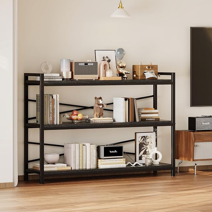 3 Tier Bookcase 47.24" Width, Long Industrial Book Shelf, Vintage Wooden Large Book Shelf for Home Living Room Bedroom Office Storage(Black)
