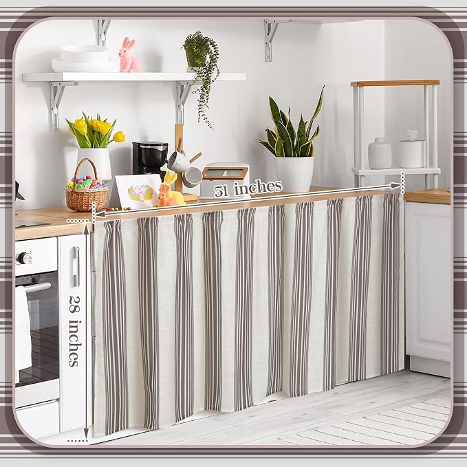 VitalCozy Cabinet Curtain 28" W x 51" L Sink Skirt for Bathroom Kitchen Grey Stripes Short Curtain for Home Classroom Farmhouse Rustic Drape Under Desk Privacy Drape for Laundry Room