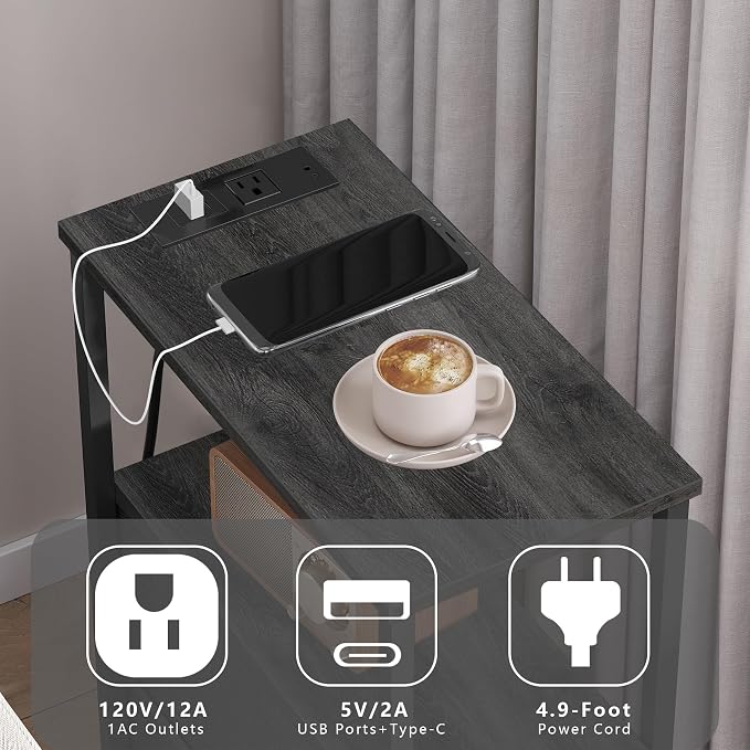 TUTOTAK Small Narrow End Table with Charging Station, Set of 2, Side Table with Outlets, Nightstand with 2 Cloth Drawers, Couch Table, for Living Room, Bedroom, Bedside, Charcoal Grey TB01BY055