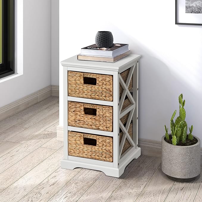 eHemco Hampton Meadows 3 Tier X-Side End Storage Cabinet with 3 Wicker Baskets, White