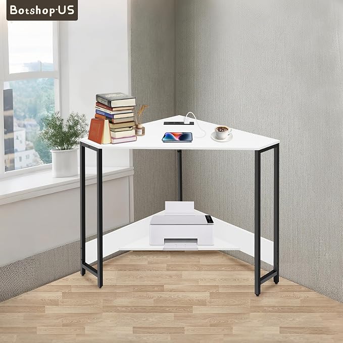 Gdrasuya10 Corner Desk Small Computer Desk with USB Ports & Outlets for Small Space White Triangle Corner Computer Storage Desk Space Saving Workstation Desk for Bedroom, White